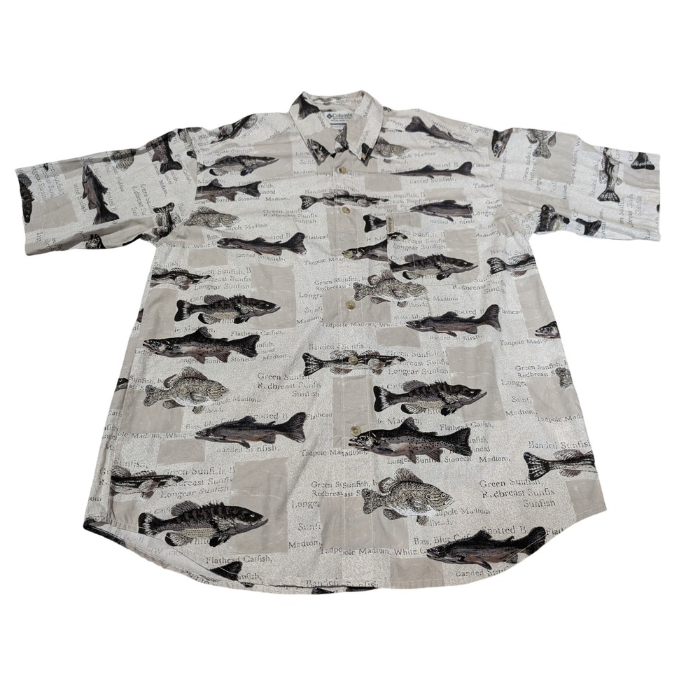 Columbia Shirt Mens M Tan Fish Print Short Sleeve Button Up Fishing Outdoor Top